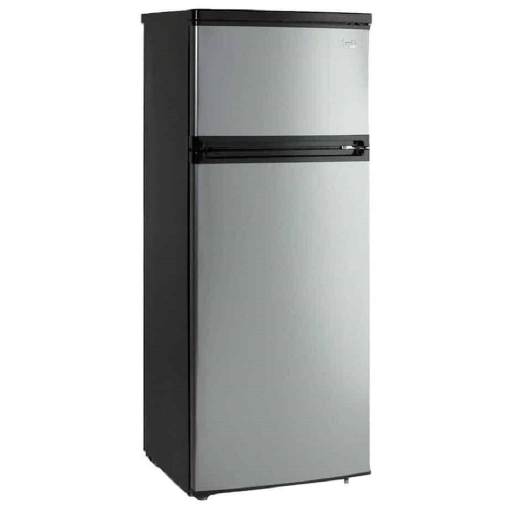 black fridge with copper handles